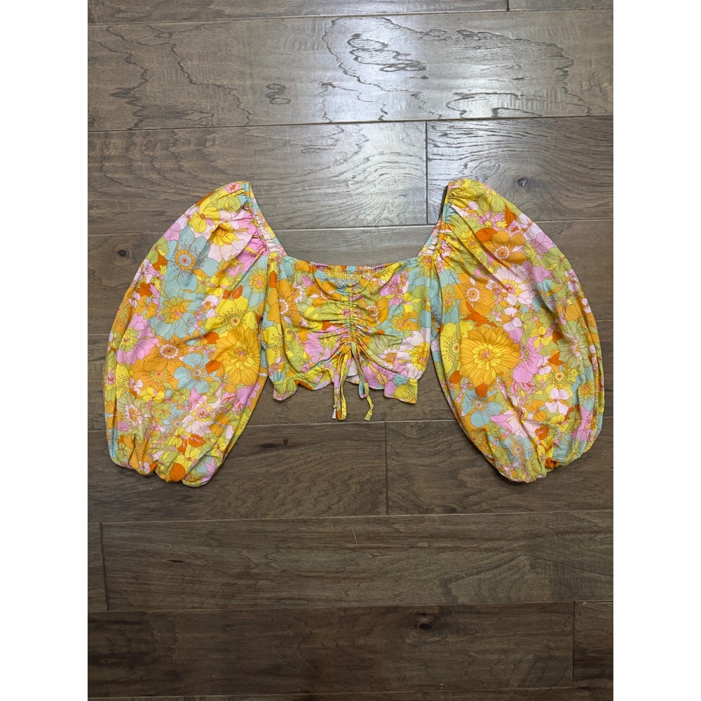 Show‎ Me Your Mumu Floral Puff Sleeve Crop Top Yellow Pink Orange Retro Size M